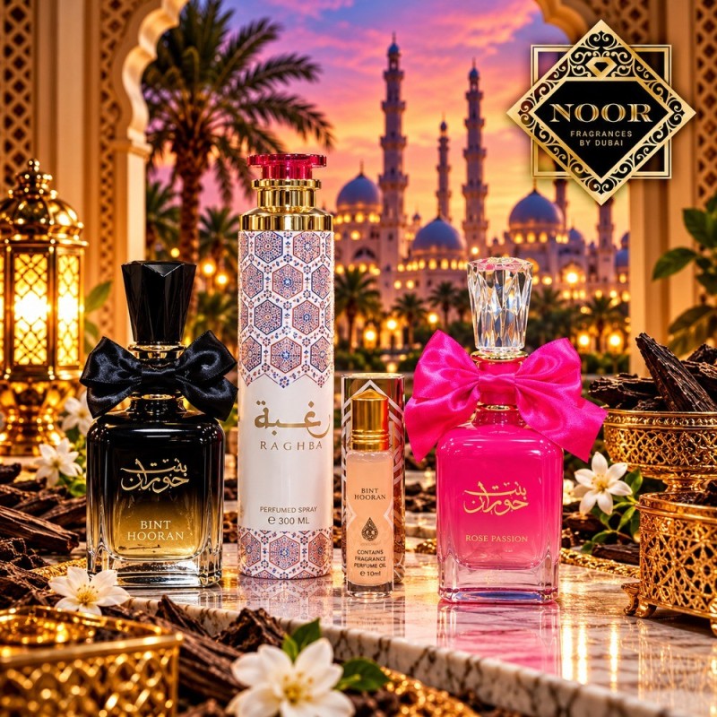 Noor Gift Set 3 in 1 - Bint Hooran & Rose Passion con Raghba Home Spray Noor Gift Set 3 in 1 - Bint Hooran & Rose Passion con Raghba Home Spray