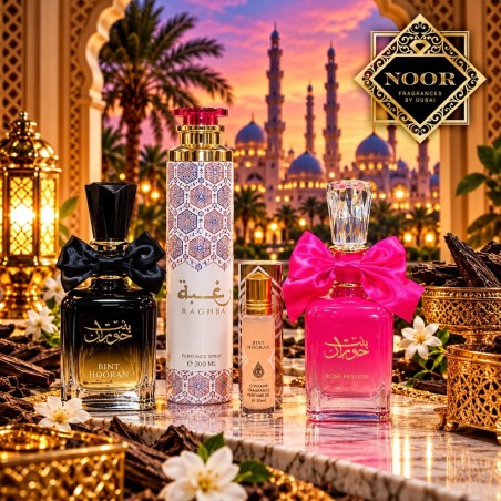 Noor Gift Set 3 in 1 - Bint Hooran & Rose Passion con Raghba Home Spray